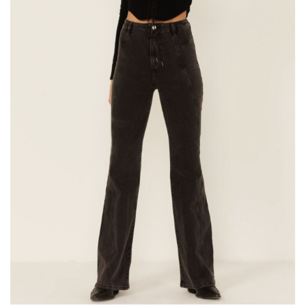 Free People Women's Florence Flare Jeans Seamed‎ Vintage Wash Black 25 Hemmed